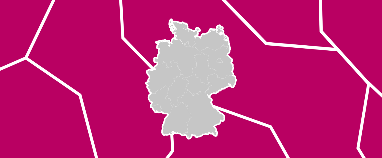 A map of Germany showing its internal state borders outlined in light grey, set against a bold magenta background divided by thick white fracture lines representing Germany's fractured political landscape.
