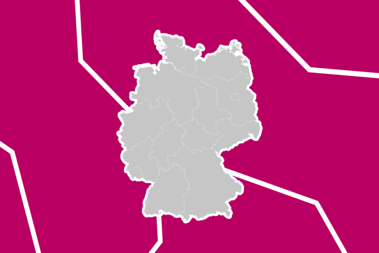A map of Germany showing its internal state borders outlined in light grey, set against a bold magenta background divided by thick white fracture lines representing Germany's fractured political landscape.