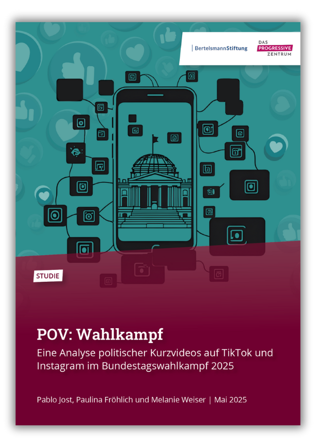 Studiencover: Handy mit einem Parlamentsgebäude, umgeben von Herzchen und Emojis; Text: POV Wahlkampf