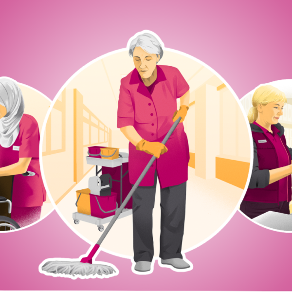 Eine Illustration auf pinkfarbenem Hintergrund zeigt fünf kreisförmig angeordnete Szenen, die verschiedene Berufe der Basisarbeit darstellen: Ein Kurier auf einem Fahrrad, eine Pflegekraft im Gespräch mit einer Seniorin im Rollstuhl, eine Reinigungskraft mit Wischmop im Zentrum, eine Verkäuferin an der Kasse und ein Paketlieferant bei der Zustellung. Die Grafik verdeutlicht die Vielfalt und gesellschaftliche Relevanz essenzieller Dienstleistungsberufe durch eine freundliche, helle Darstellung der verschiedenen Arbeitsalltage.