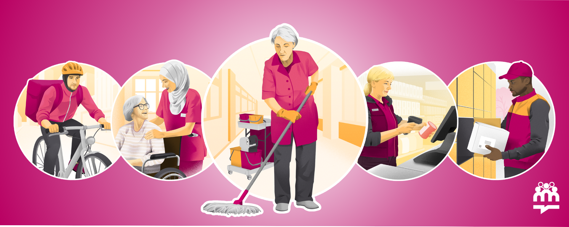 Eine Illustration auf pinkfarbenem Hintergrund zeigt fünf kreisförmig angeordnete Szenen, die verschiedene Berufe der Basisarbeit darstellen: Ein Kurier auf einem Fahrrad, eine Pflegekraft im Gespräch mit einer Seniorin im Rollstuhl, eine Reinigungskraft mit Wischmop im Zentrum, eine Verkäuferin an der Kasse und ein Paketlieferant bei der Zustellung. Die Grafik verdeutlicht die Vielfalt und gesellschaftliche Relevanz essenzieller Dienstleistungsberufe durch eine freundliche, helle Darstellung der verschiedenen Arbeitsalltage.