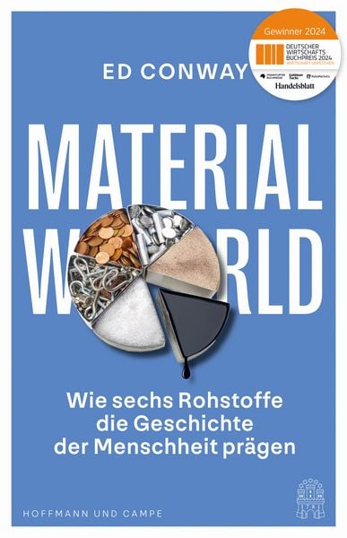 Blaues Buchcover Material World von Ed Conway mit dem Untertitel Wie sechs Rohstoffe die Geschichte der Menschheit prägen. In der Mitte ist ein Tortendiagramm mit verschiedenen Rohstoffen abgebildet. Oben rechts befindet sich der Sticker Gewinner Deutscher Wirtschaftsbuchpreis.