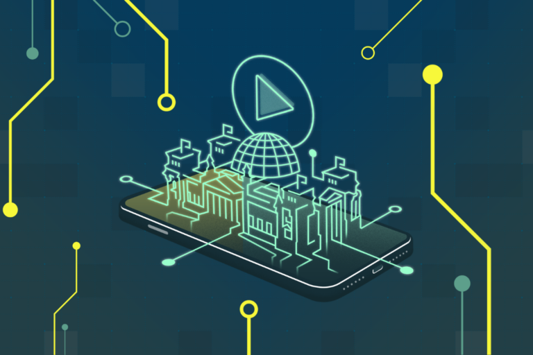 Digitale Medienpräsenz und moderne Online-Berichterstattung: Eine abstrakte, leuchtende Illustration auf einem dunkelblauen Tech-Hintergrund zeigt ein Smartphone, aus dem eine digitale Stadt mit einem prominenten Play-Button-Symbol emporsteigt, umrahmt von gelben Leiterbahnen.