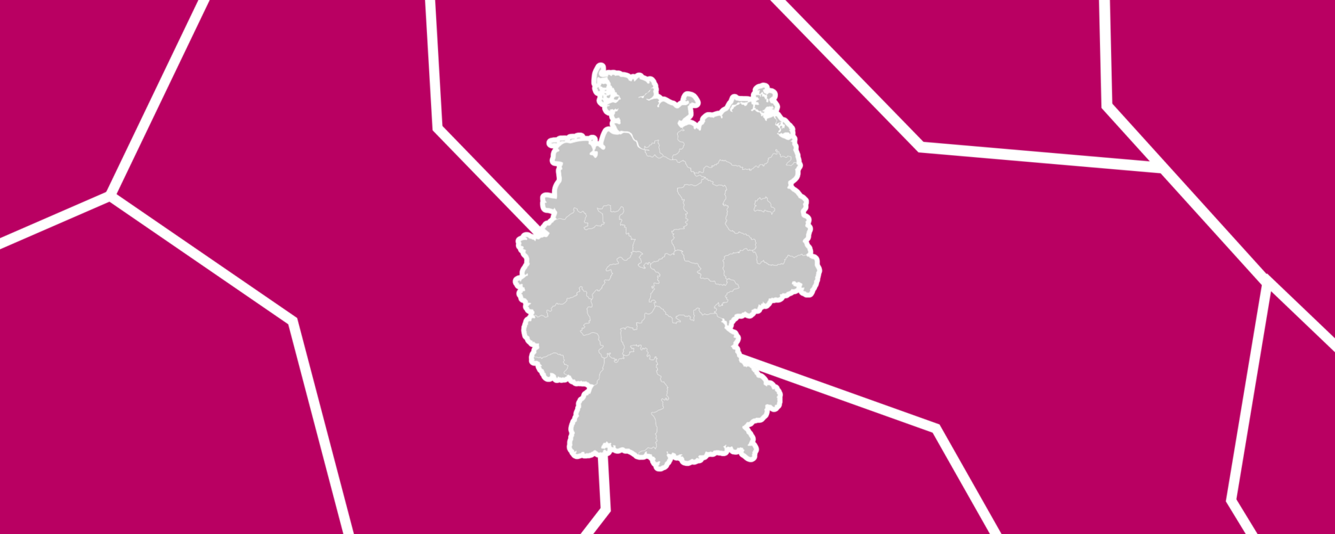 A map of Germany showing its internal state borders outlined in light grey, set against a bold magenta background divided by thick white fracture lines representing Germany's fractured political landscape.